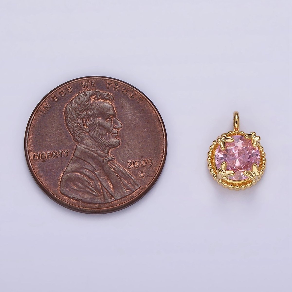 14K Gold Filled Clear, Pink Round CZ Butterfly Dotted Bezel Charm | AG533 AG534