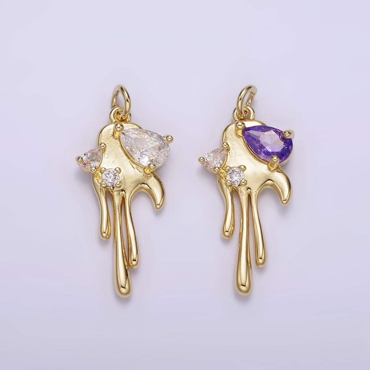 14K Gold Filled Clear, Purple CZ Teardrop Molten Drip Charm | AG204 AG205