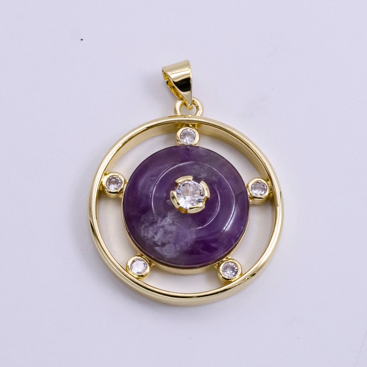 14K Gold Filled Clear Quartz, Rose Quartz, Amethyst Multiple CZ Open Round Pendant | AH055 - AH057