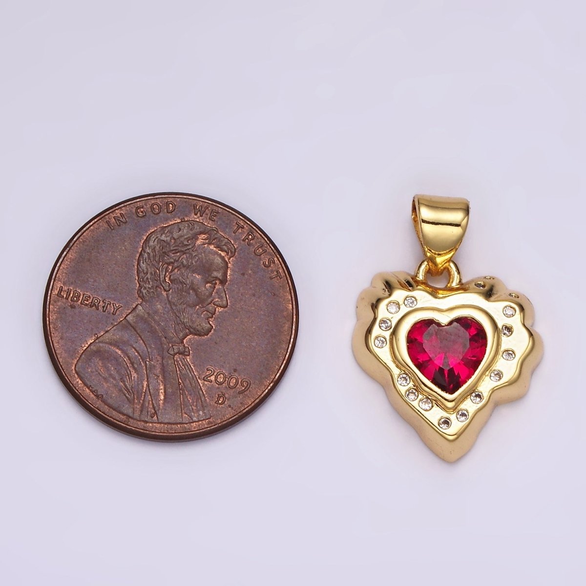 14K Gold Filled Clear, Red, Green CZ Dotted Molten Heart Pendant | AH095 - AH097