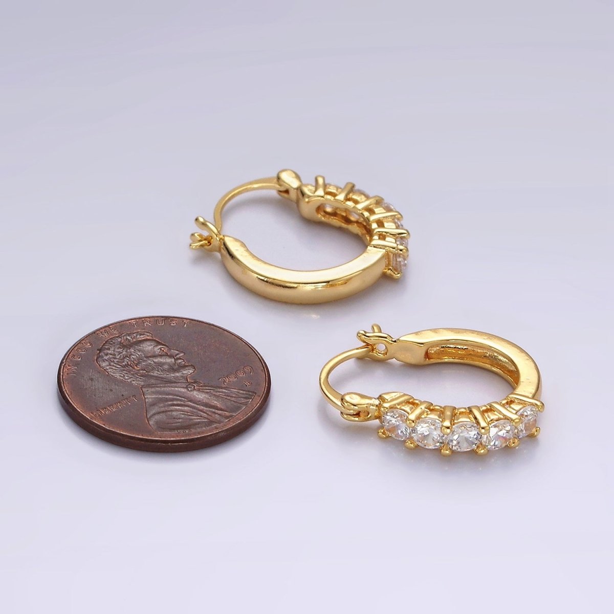 14K Gold Filled Clear Round CZ Lined Latch Hoop Earrings | AE969