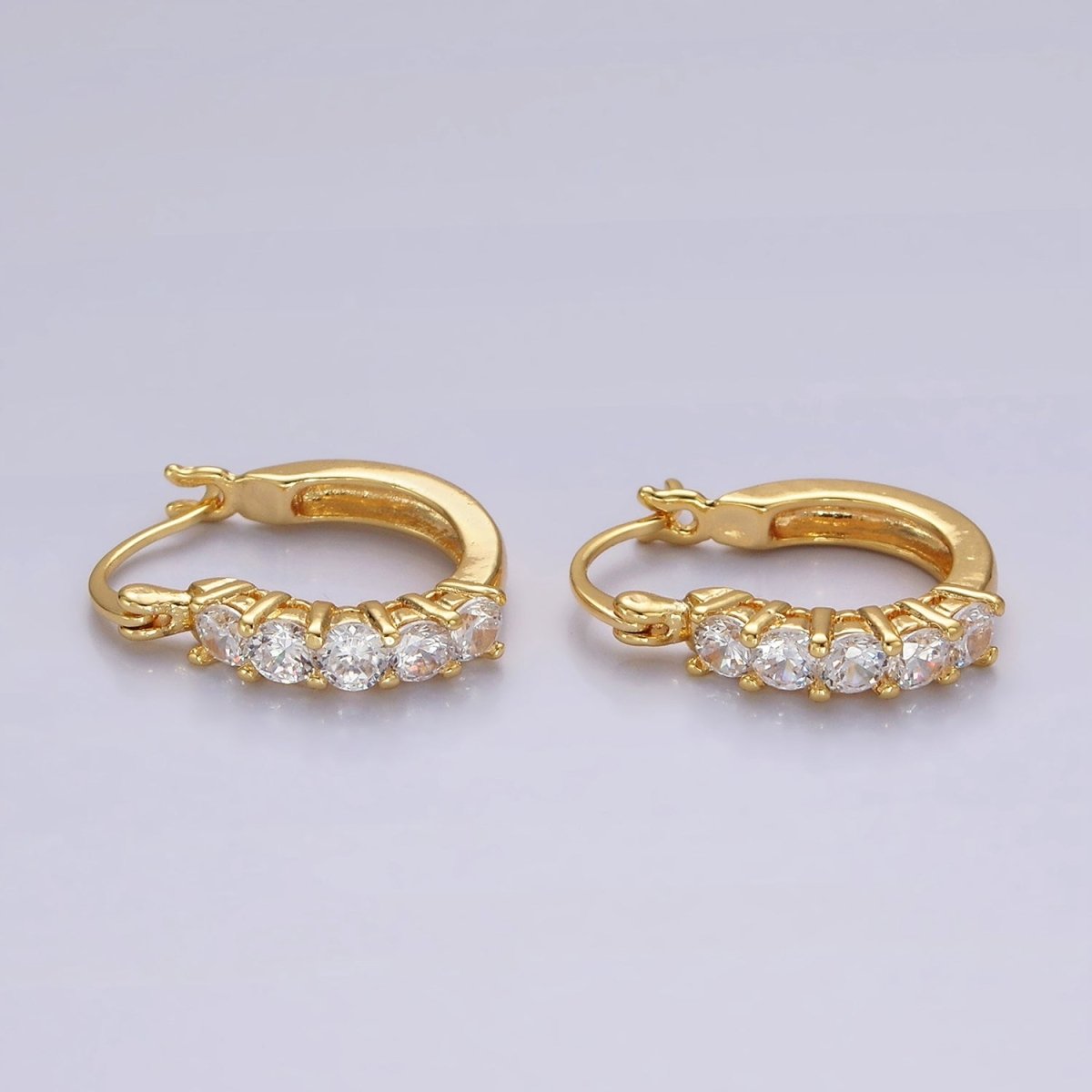 14K Gold Filled Clear Round CZ Lined Latch Hoop Earrings | AE969