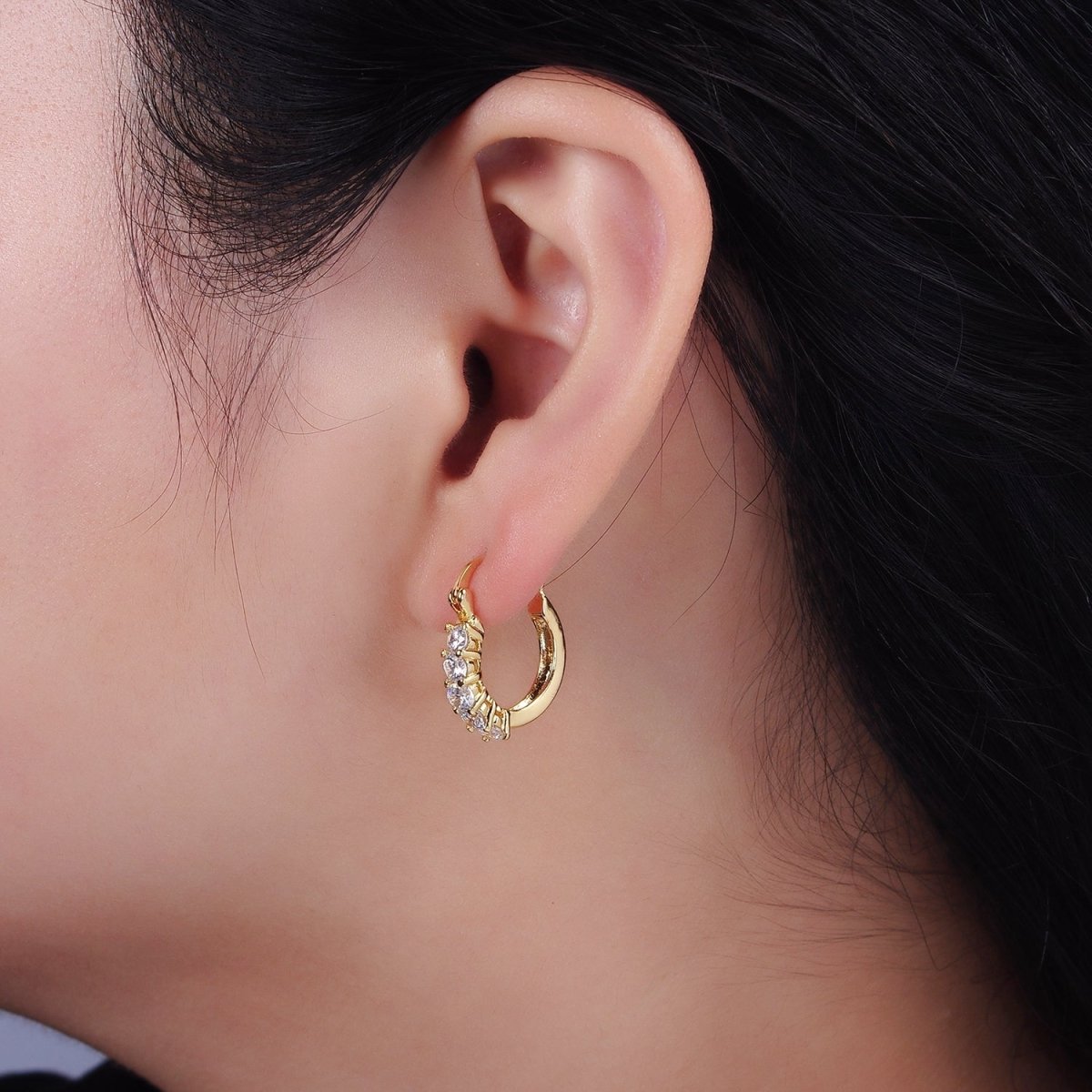 14K Gold Filled Clear Round CZ Lined Latch Hoop Earrings | AE969