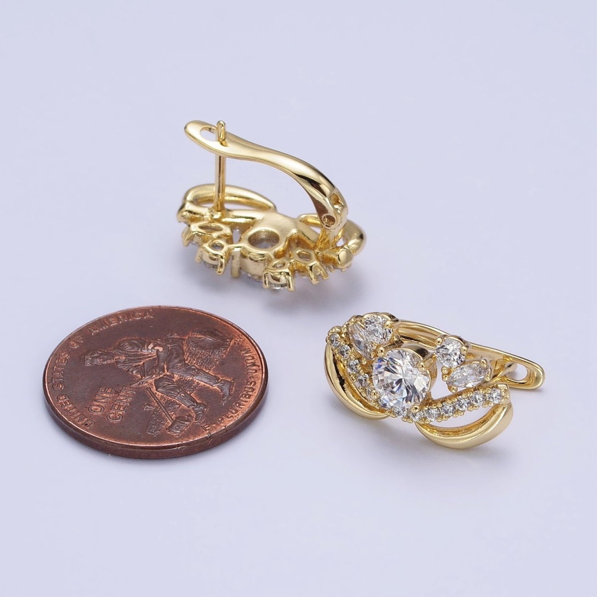 14K Gold Filled Clear Round CZ Micro Paved Geometric Curved Band English Lock Earrings | AD1526