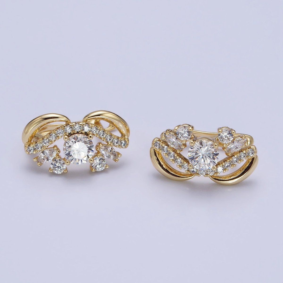 14K Gold Filled Clear Round CZ Micro Paved Geometric Curved Band English Lock Earrings | AD1526