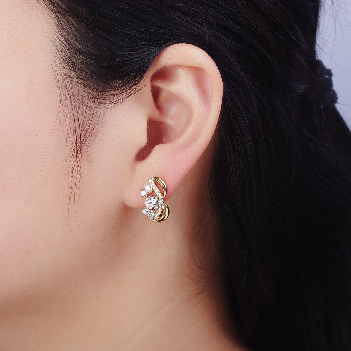 14K Gold Filled Clear Round CZ Micro Paved Geometric Curved Band English Lock Earrings | AD1526