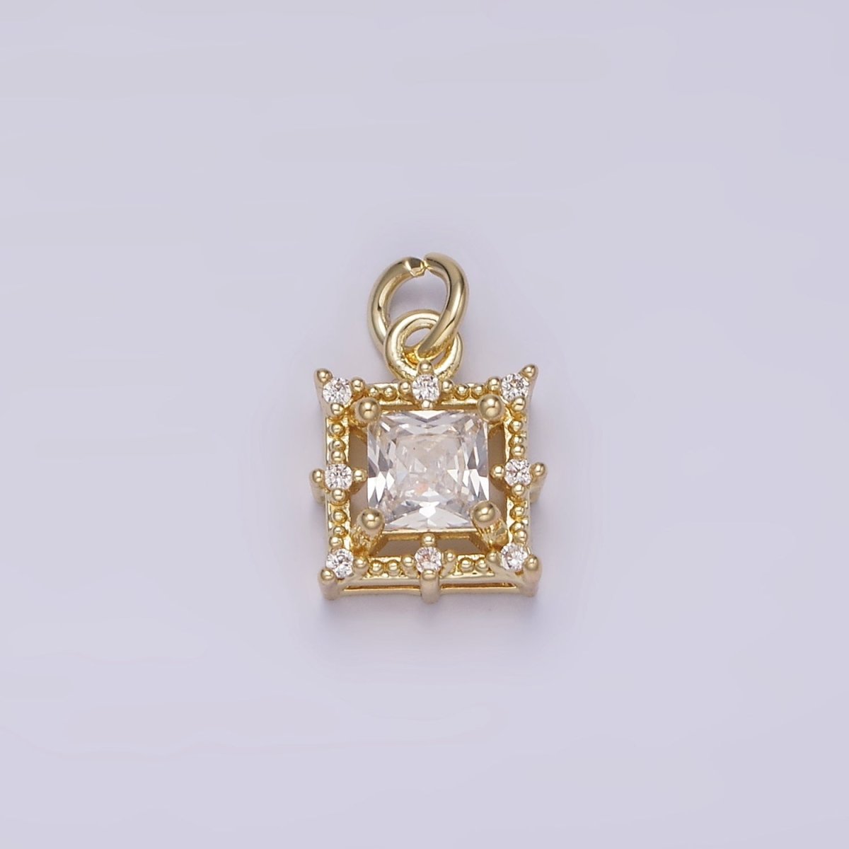 14K Gold Filled Clear Square Baguette CZ Beaded Outline Frame Charm | AG194