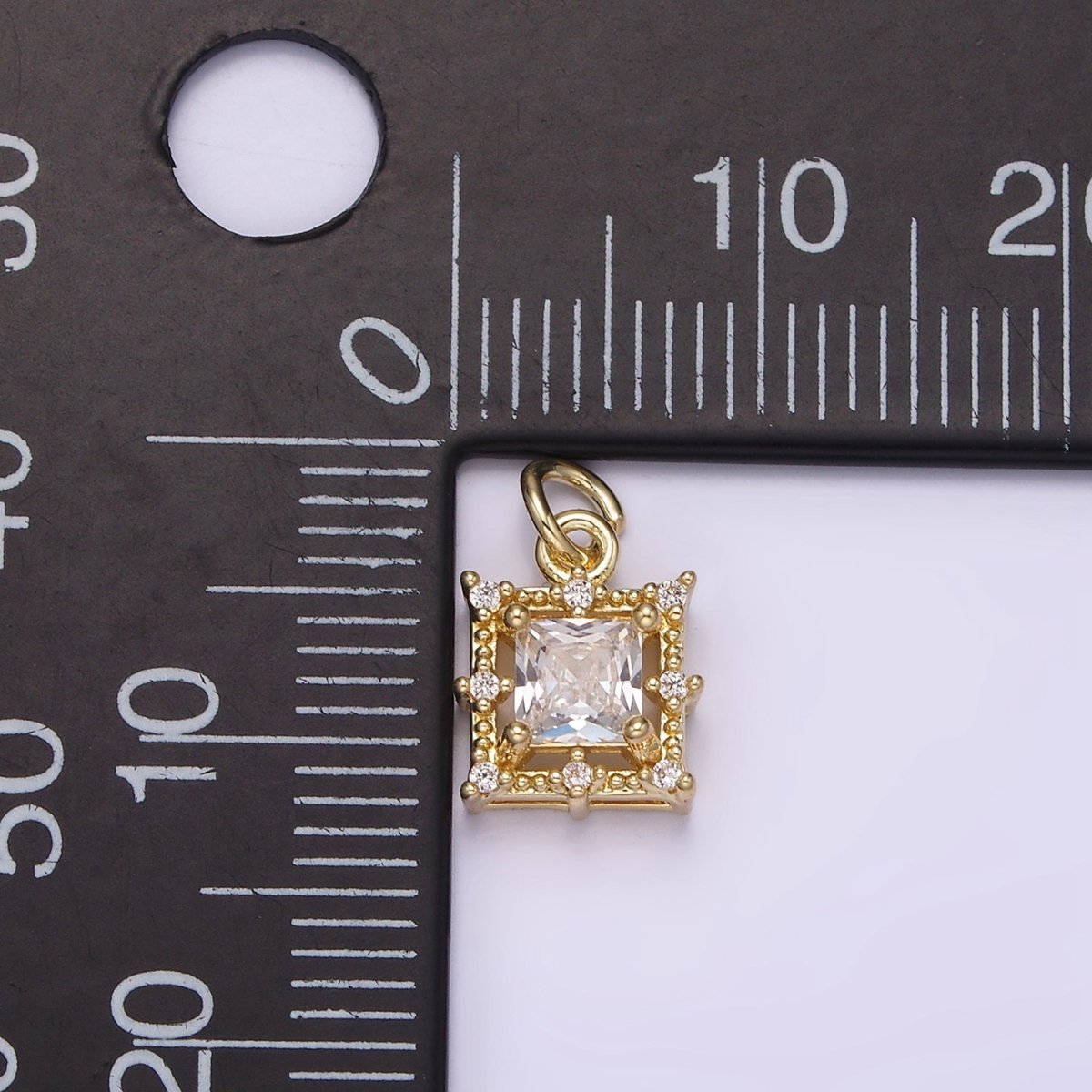 14K Gold Filled Clear Square Baguette CZ Beaded Outline Frame Charm | AG194