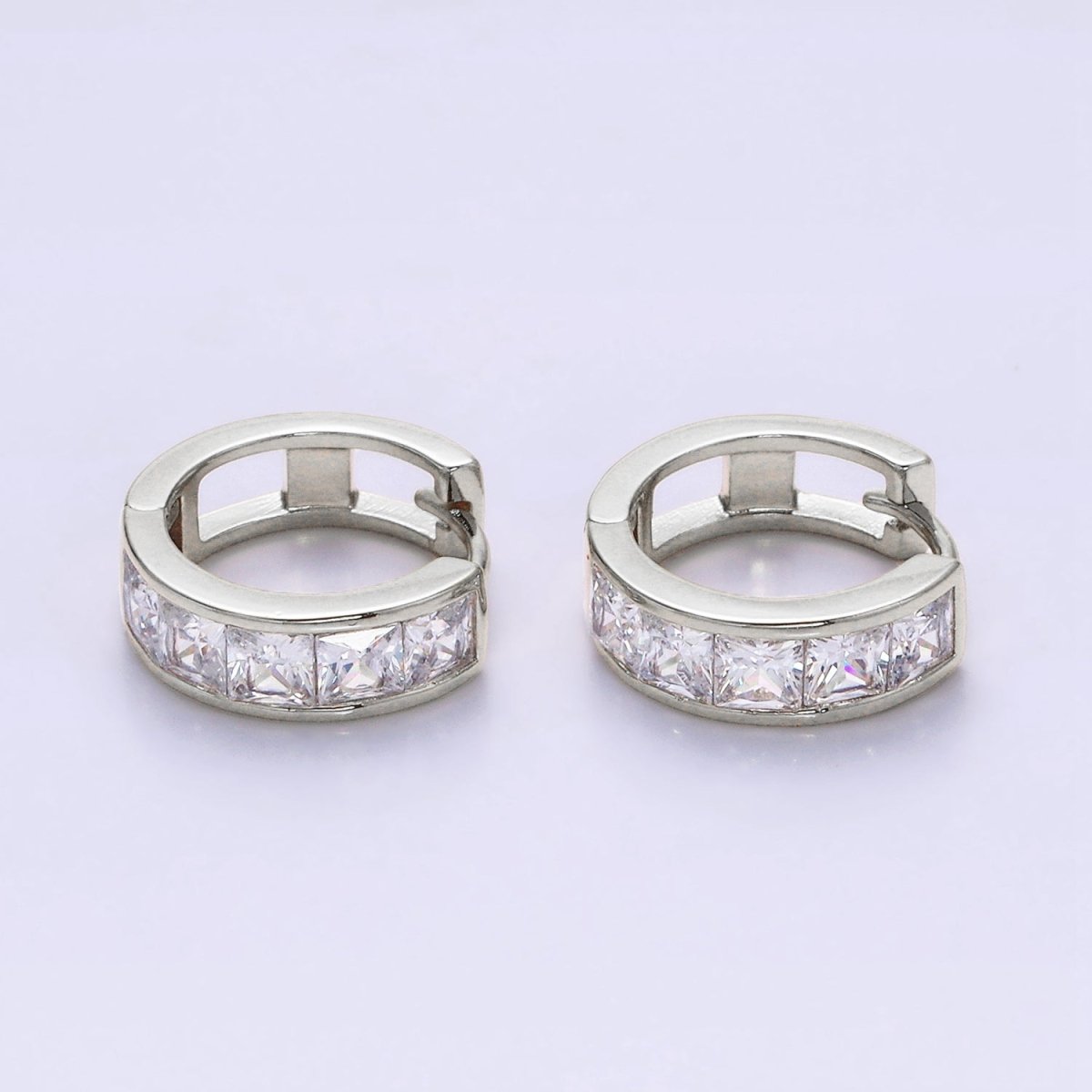 14K Gold Filled Clear Square CZ Lined 15mm Huggie Hoop Earrings in Gold & Silver | AD-430 AD-431