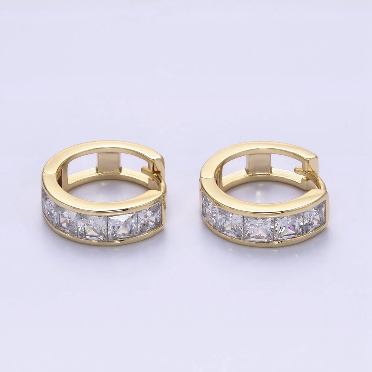 14K Gold Filled Clear Square CZ Lined 15mm Huggie Hoop Earrings in Gold & Silver | AD-430 AD-431