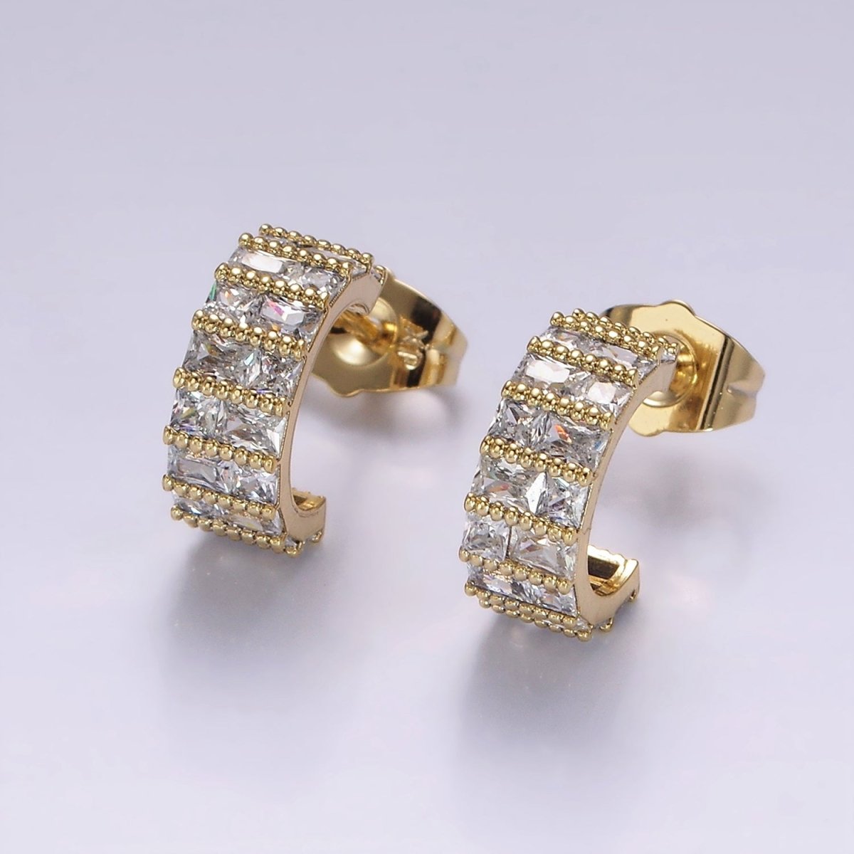 14K Gold Filled Clear Square CZ Lined C-Shaped Cartilage Hoop Earrings | AB1129
