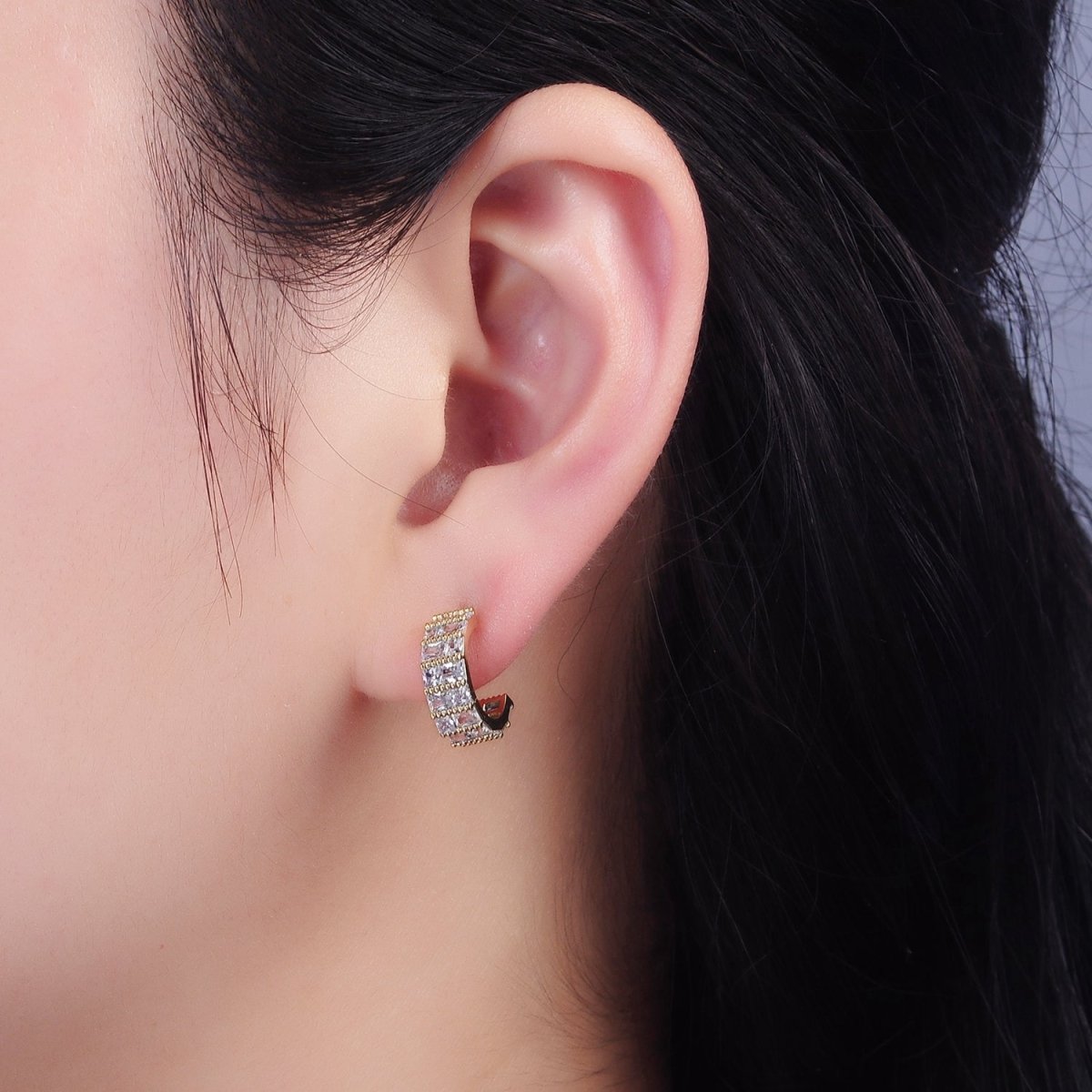 14K Gold Filled Clear Square CZ Lined C-Shaped Cartilage Hoop Earrings | AB1129