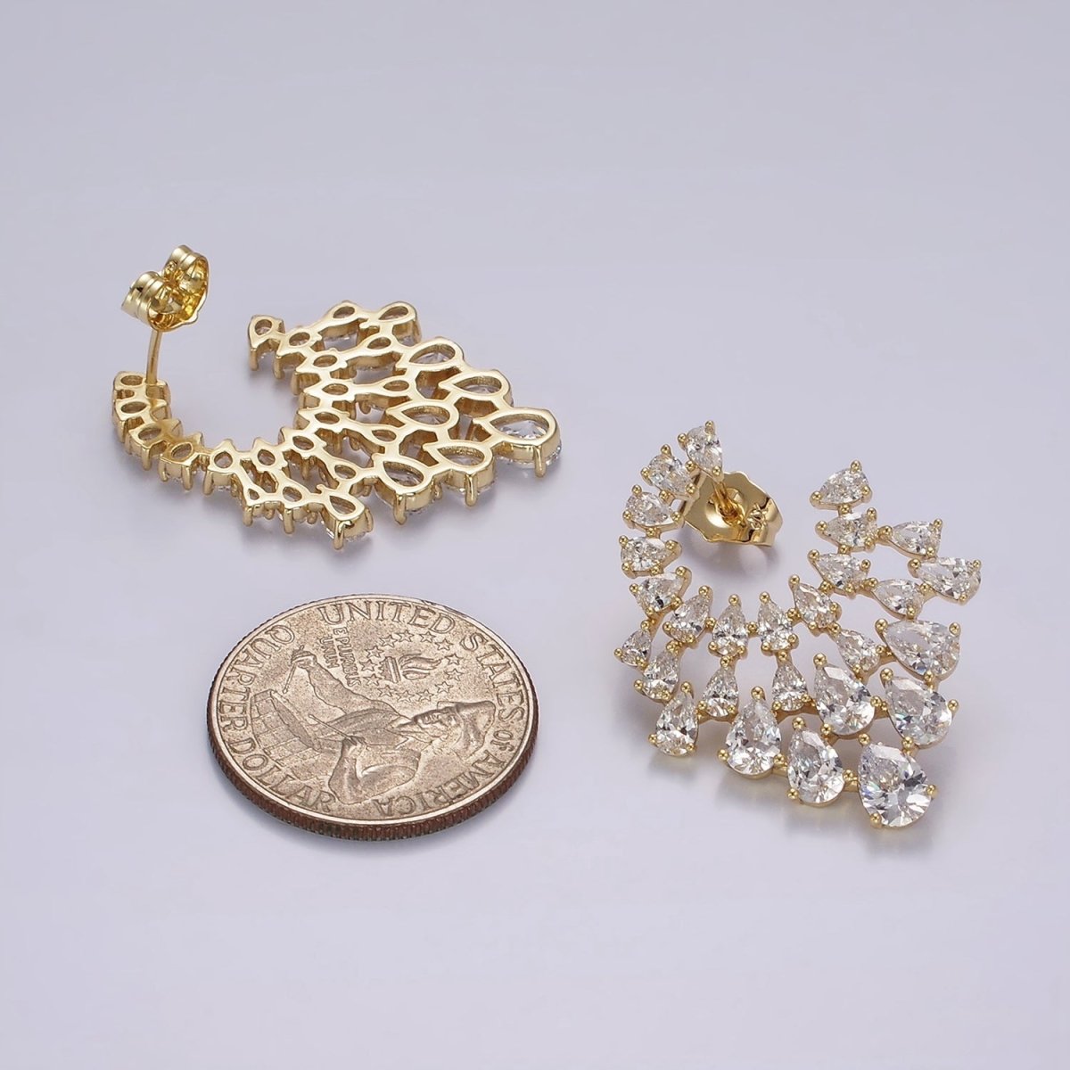 14K Gold Filled Clear Teardrop CZ Circular Drop Stud Earrings Set | AE401