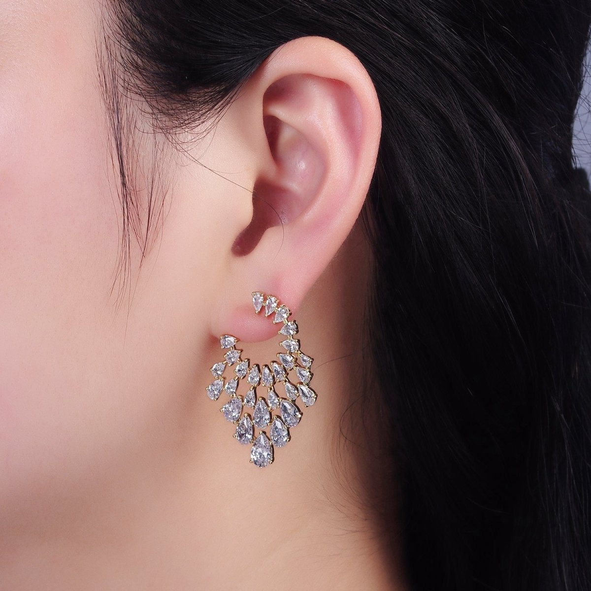 14K Gold Filled Clear Teardrop CZ Circular Drop Stud Earrings Set | AE401