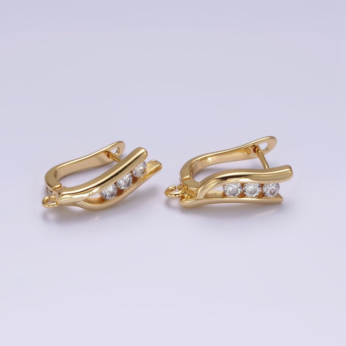 14K Gold Filled Clear Triple CZ Curved Open Loop French Lock Earrings | Z-464