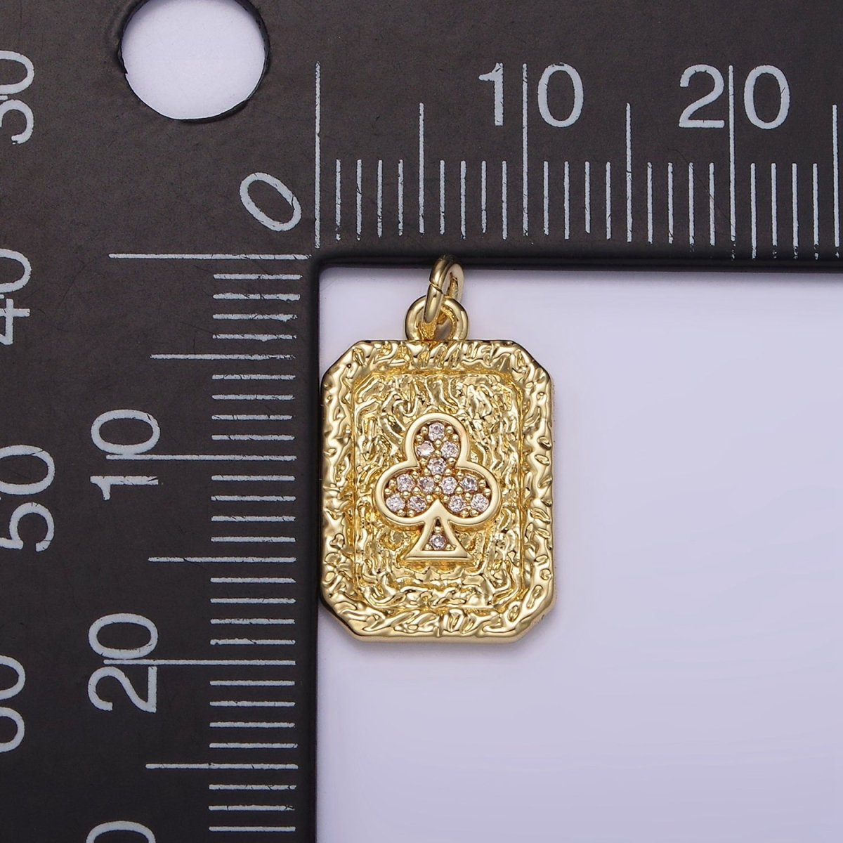 14K Gold Filled Clubs Card Micro Paved CZ Hammered Rectangular Tag Charm | AG272