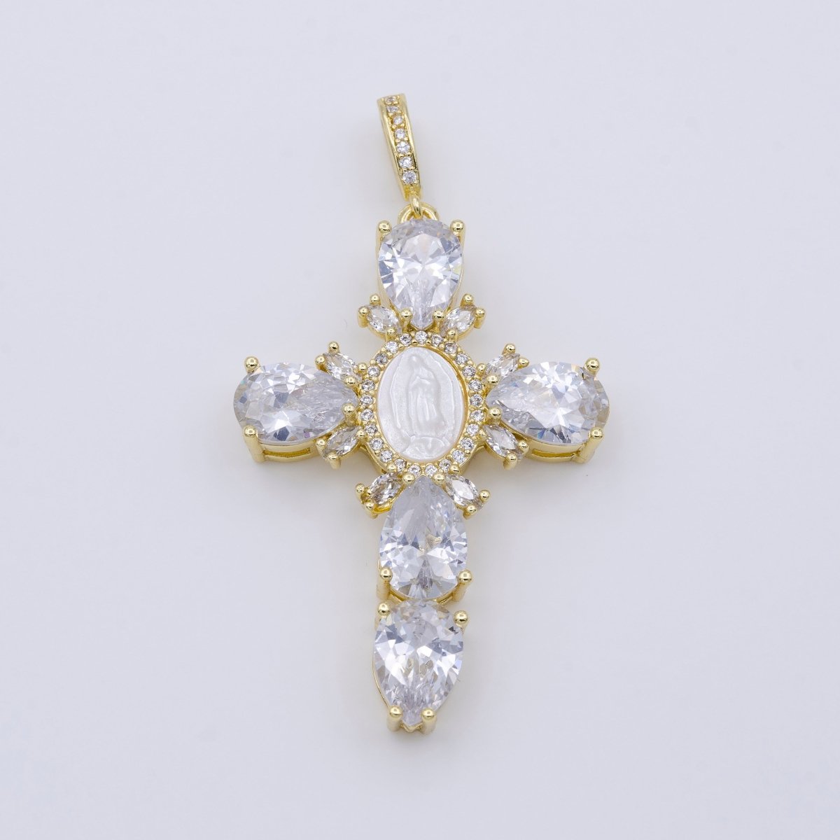 14K Gold Filled Cross Teardrop CZ Mother of Pearl Lady Guadalupe Mary Statement Pendant | AA-757