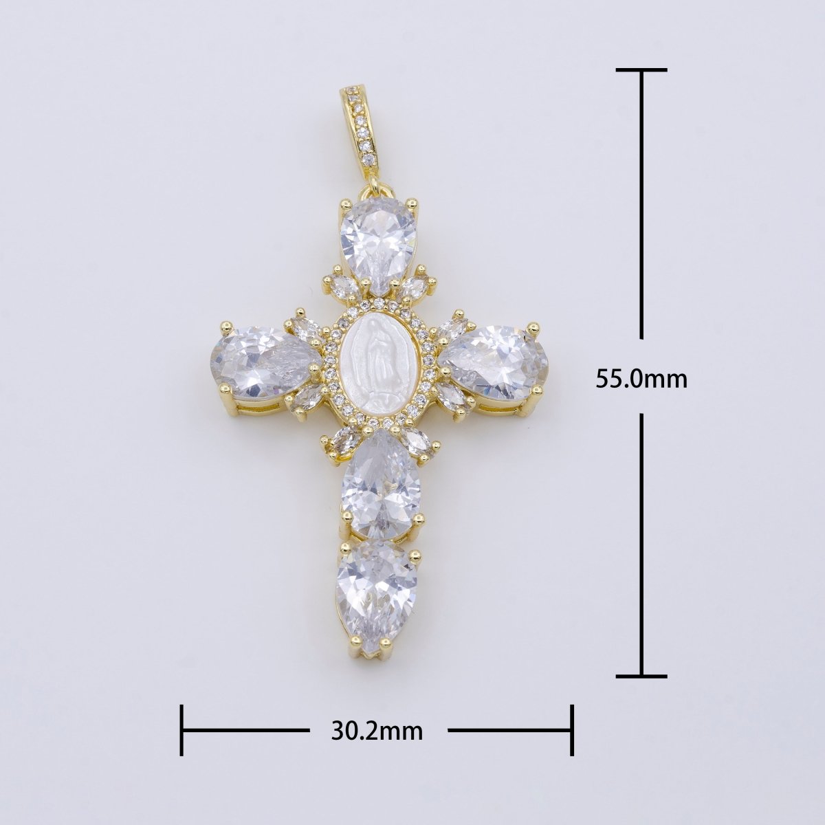14K Gold Filled Cross Teardrop CZ Mother of Pearl Lady Guadalupe Mary Statement Pendant | AA-757