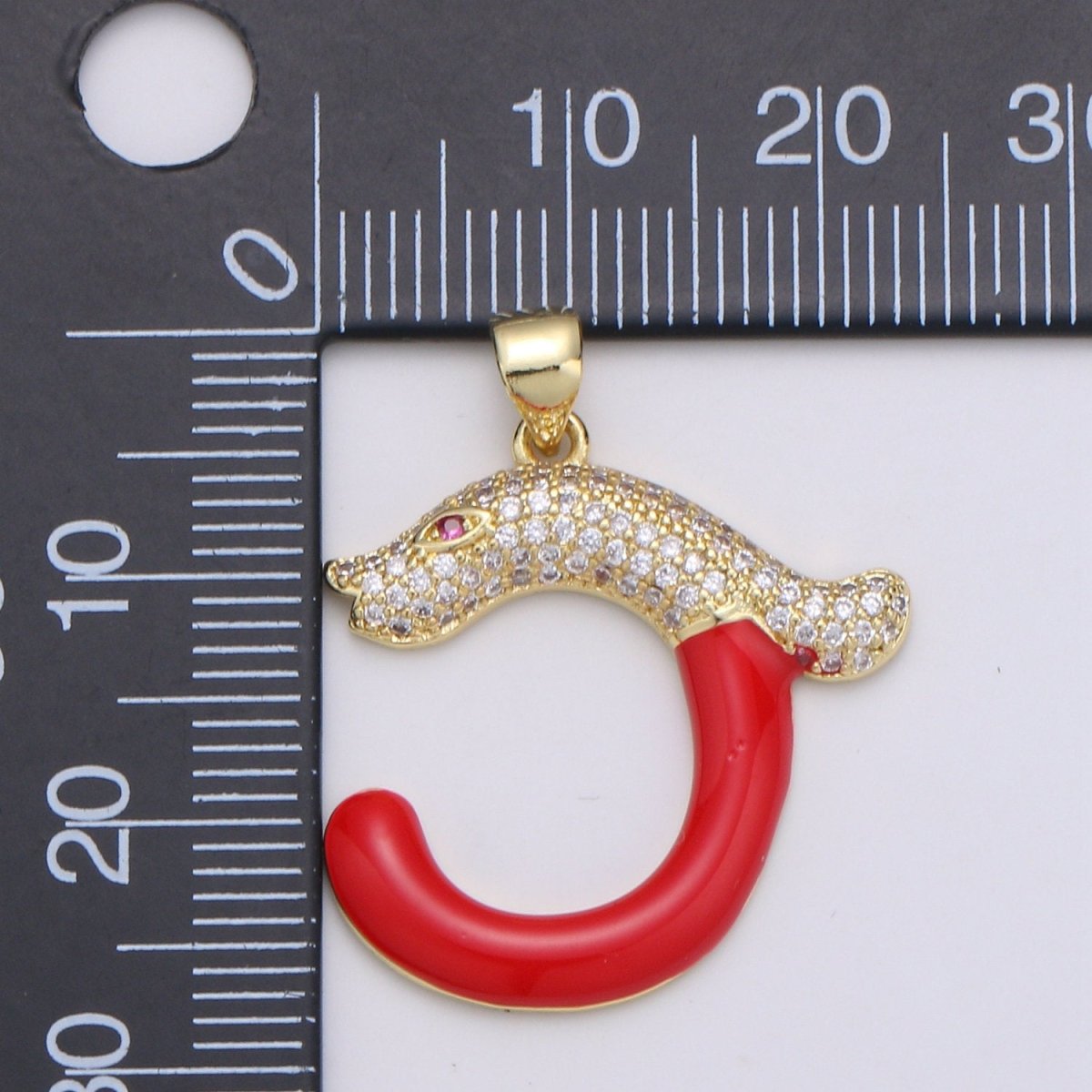 14k Gold Filled Cubic Red Eye Snake Pendant, CZ Cluster Pendant, Lucky Charm, Red Enamel Hook CZ Pave Pendant J-053