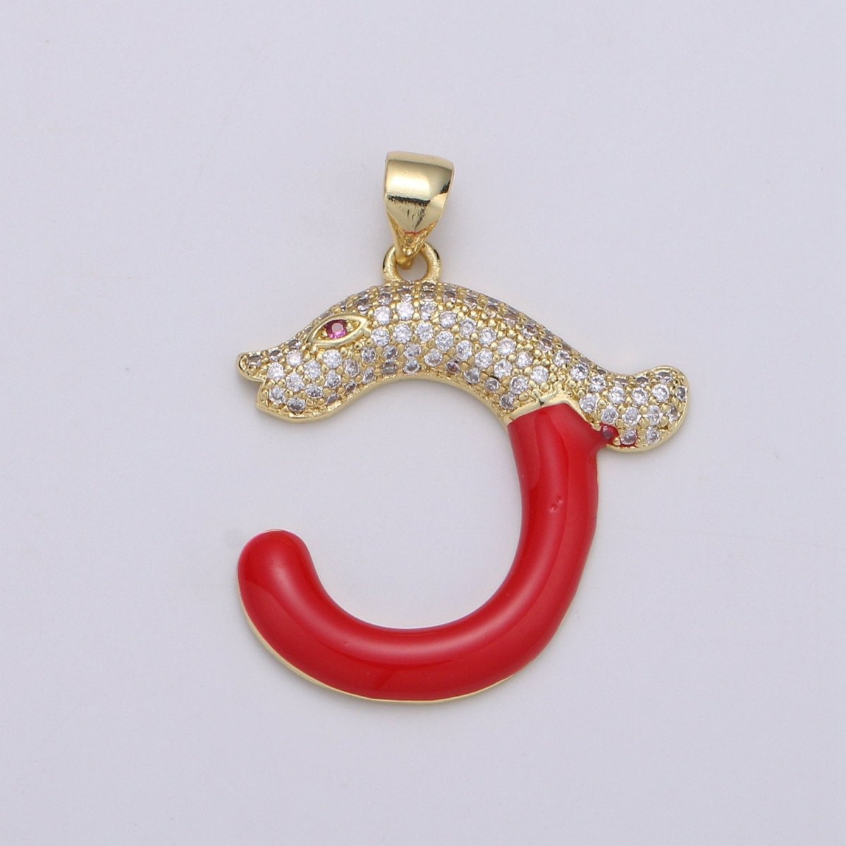 14k Gold Filled Cubic Red Eye Snake Pendant, CZ Cluster Pendant, Lucky Charm, Red Enamel Hook CZ Pave Pendant J-053