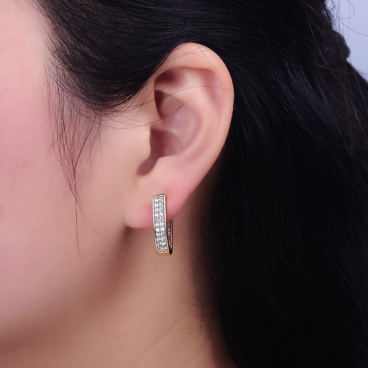 14K Gold Filled Curved U-Shaped Micro Paved CZ Front-Facing English Lock Earrings | AD1374