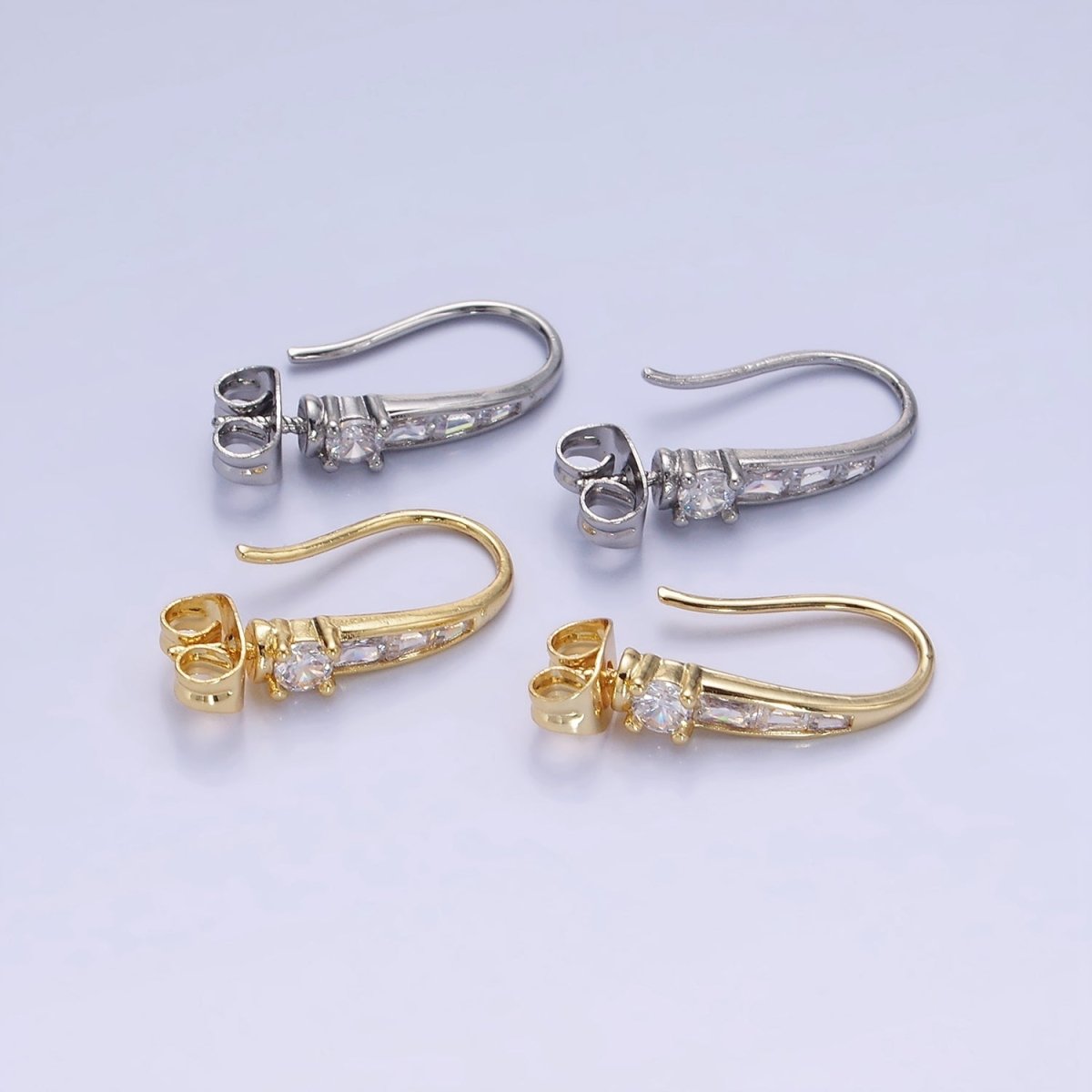 14K Gold Filled CZ Baguette Lined French Hook Earrings in Gold & Silver | Z749 Z750
