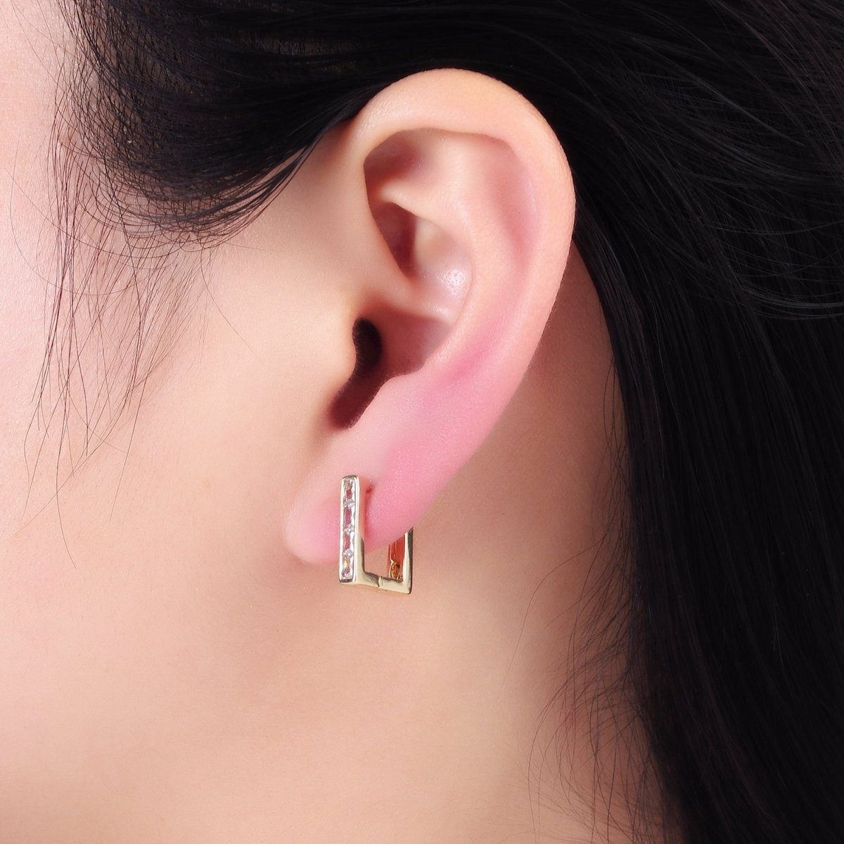 14K Gold Filled CZ Baguette Lined Rectangle 14mm Cartilage Earrings | AB1322