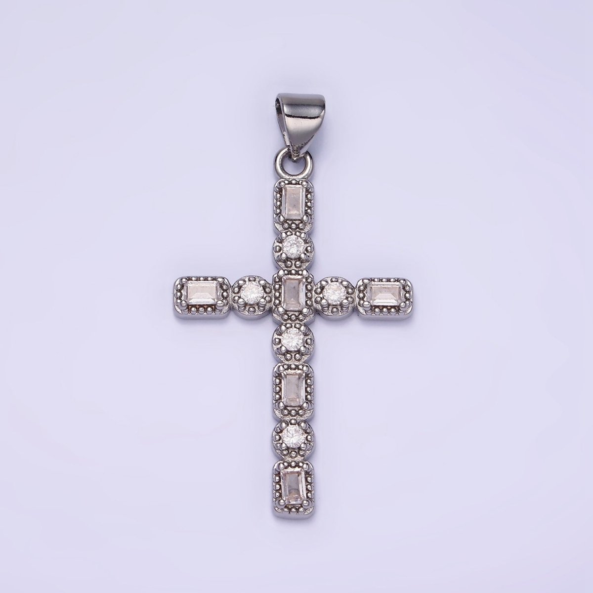 14K Gold Filled CZ Baguette Round Dotted Bezel Latin Religious Cross Pendant in Gold & Silver | AA1205