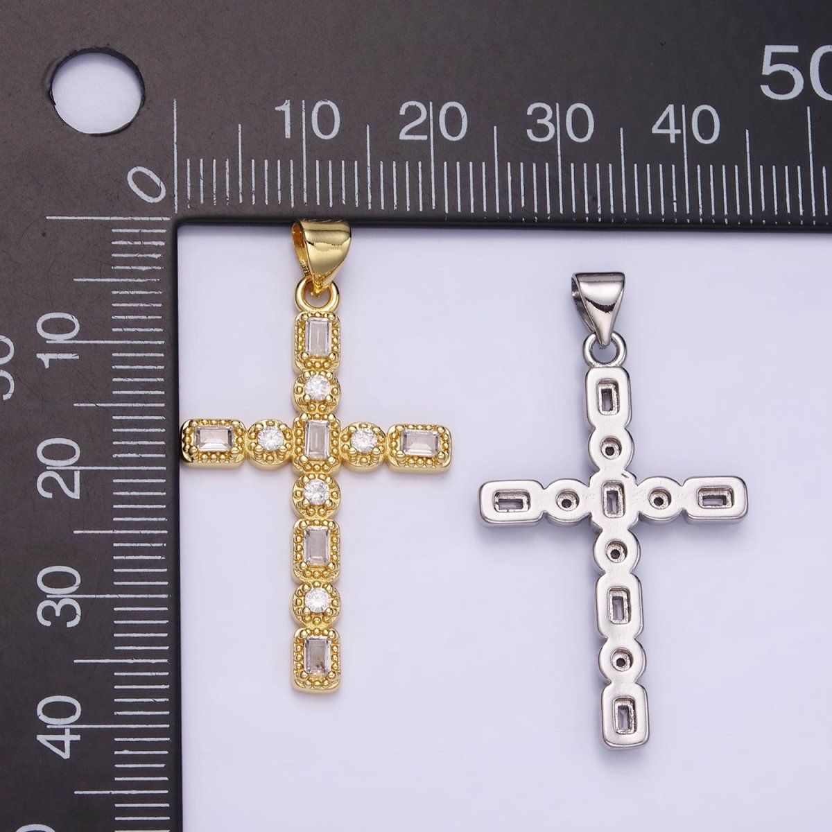 14K Gold Filled CZ Baguette Round Dotted Bezel Latin Religious Cross Pendant in Gold & Silver | AA1205