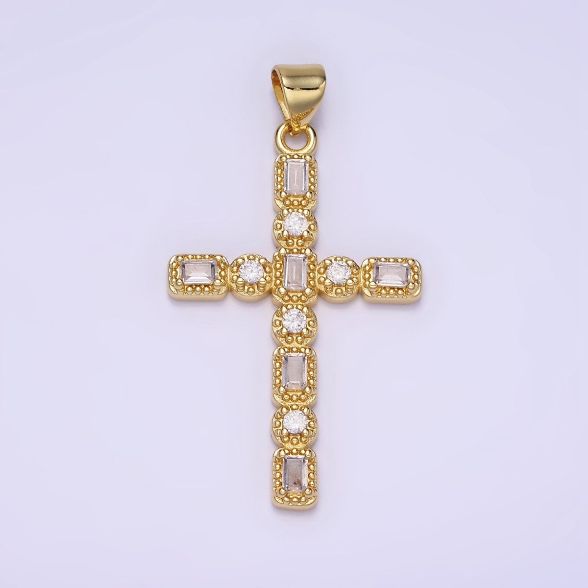 14K Gold Filled CZ Baguette Round Dotted Bezel Latin Religious Cross Pendant in Gold & Silver | AA1205