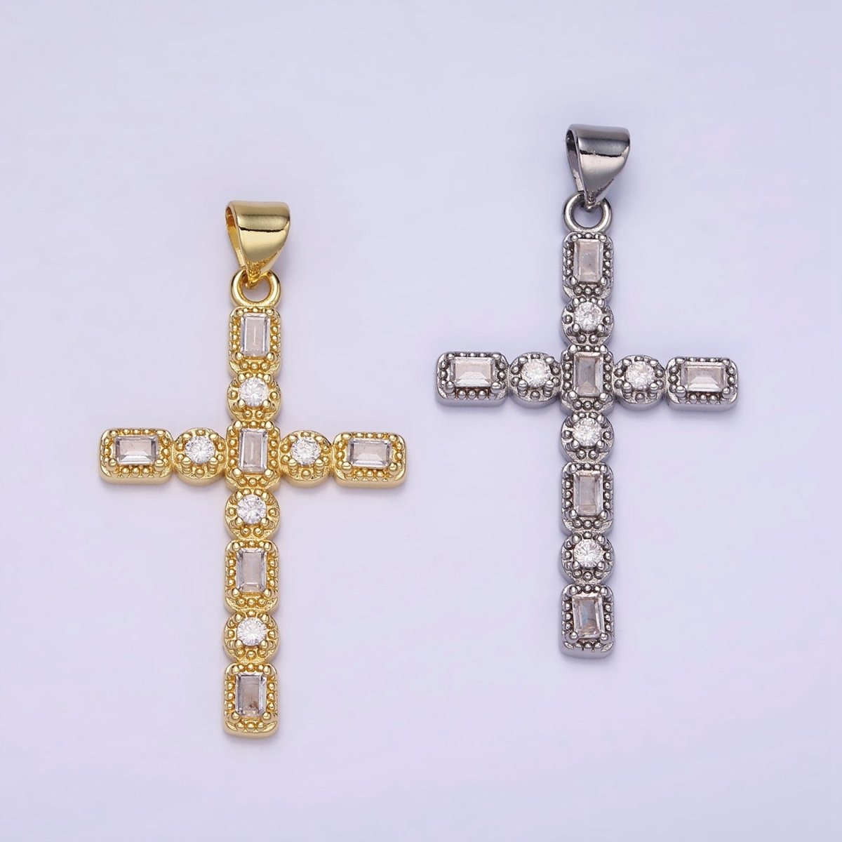 14K Gold Filled CZ Baguette Round Dotted Bezel Latin Religious Cross Pendant in Gold & Silver | AA1205