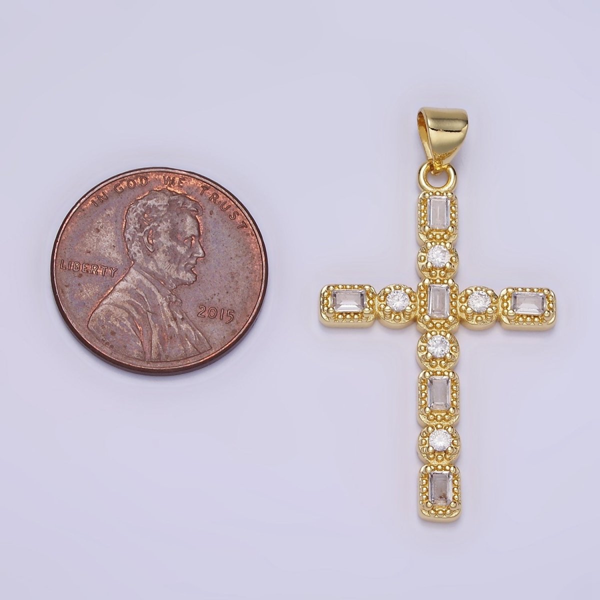 14K Gold Filled CZ Baguette Round Dotted Bezel Latin Religious Cross Pendant in Gold & Silver | AA1205