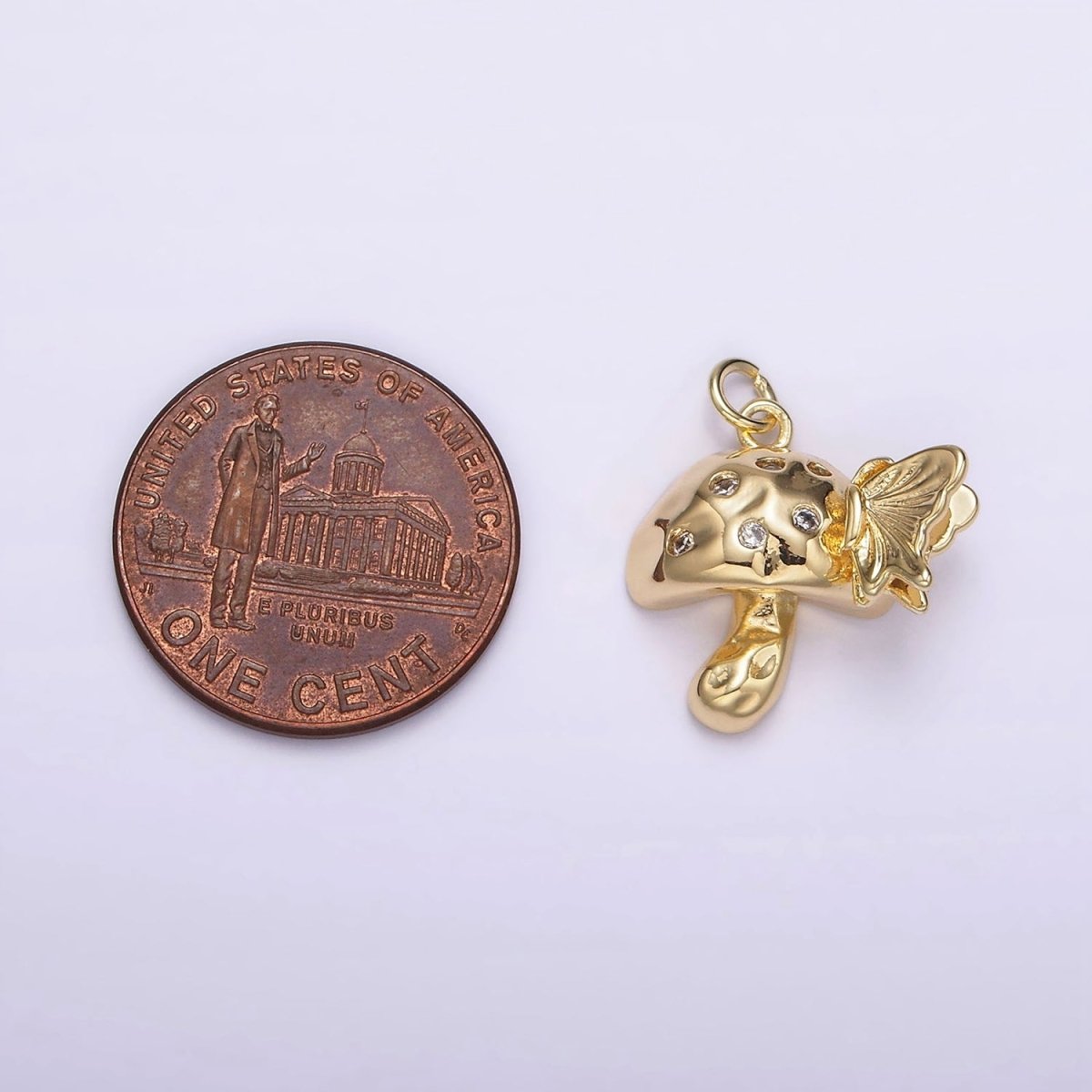 14K Gold Filled CZ Dotted Hammered Mushroom Butterfly Charm | AG416