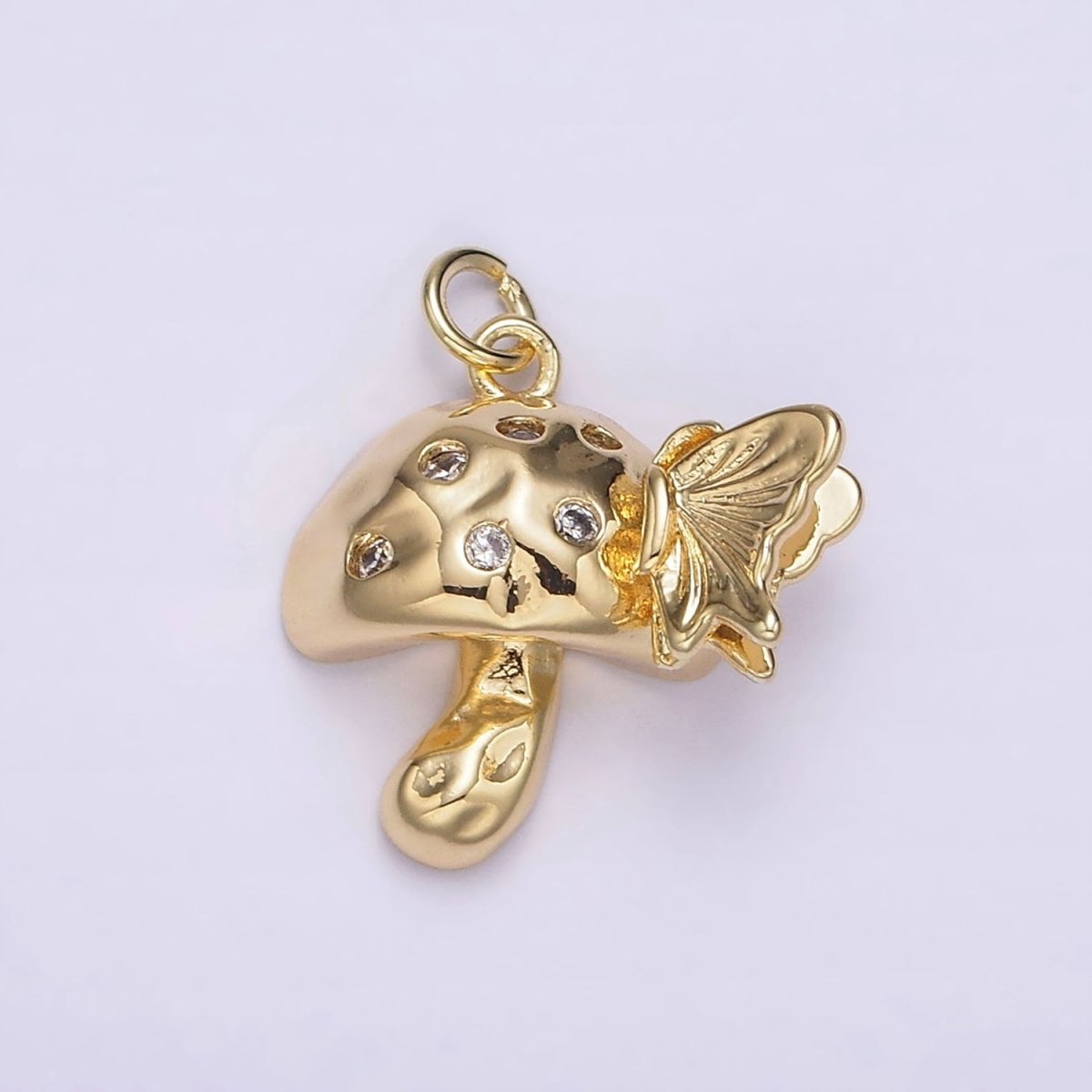 14K Gold Filled CZ Dotted Hammered Mushroom Butterfly Charm | AG416