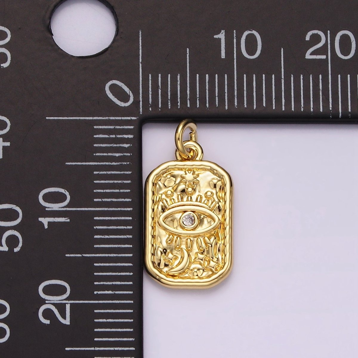 14K Gold Filled CZ Evil Eye Celestial Sun Moon Stars Hammered Rectangular Charm | AC781