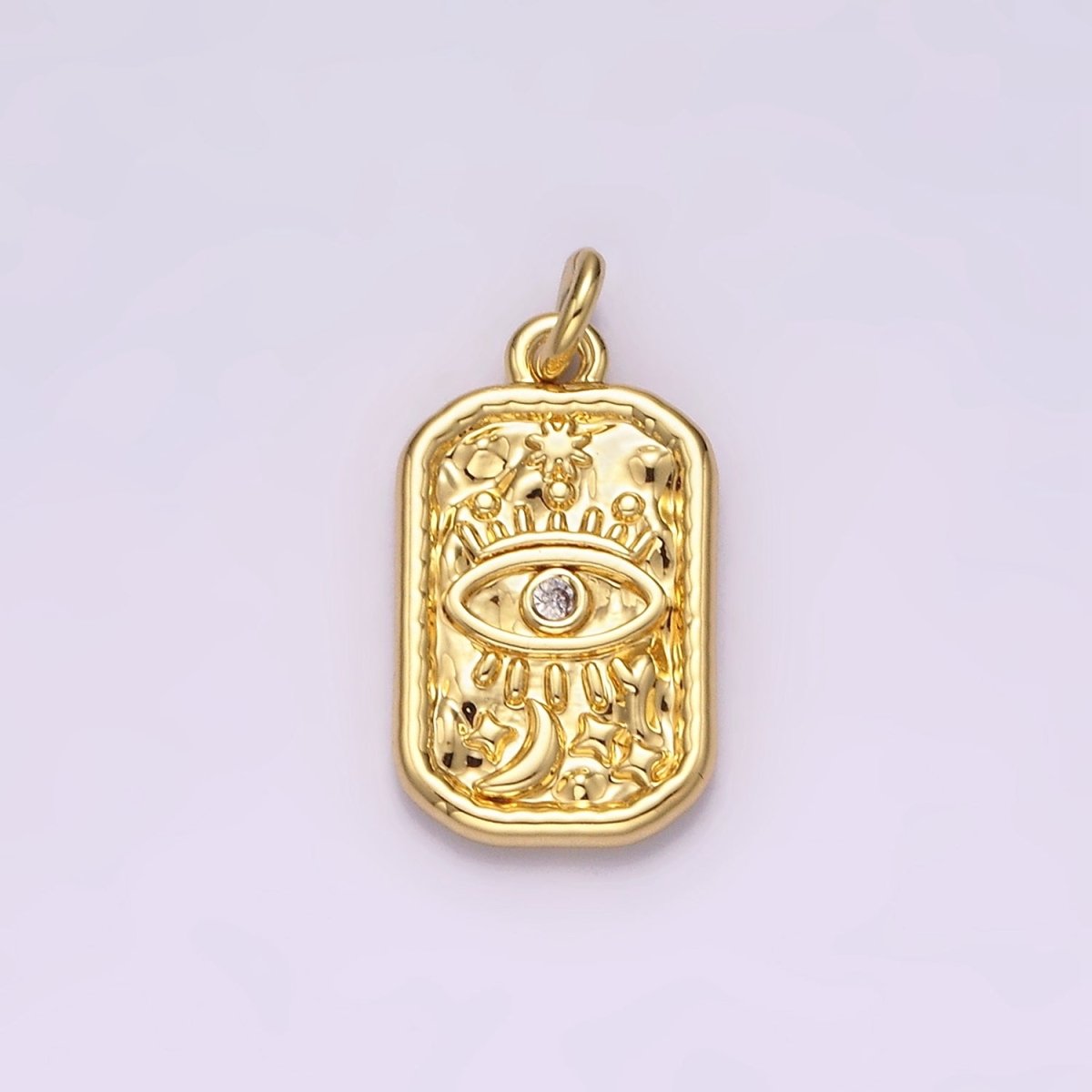 14K Gold Filled CZ Evil Eye Celestial Sun Moon Stars Hammered Rectangular Charm | AC781