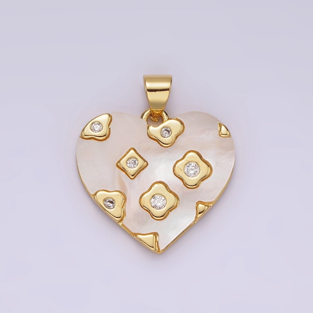 14K Gold Filled CZ Geometric Dotted Shell Pearl Heart Pendant | AH130