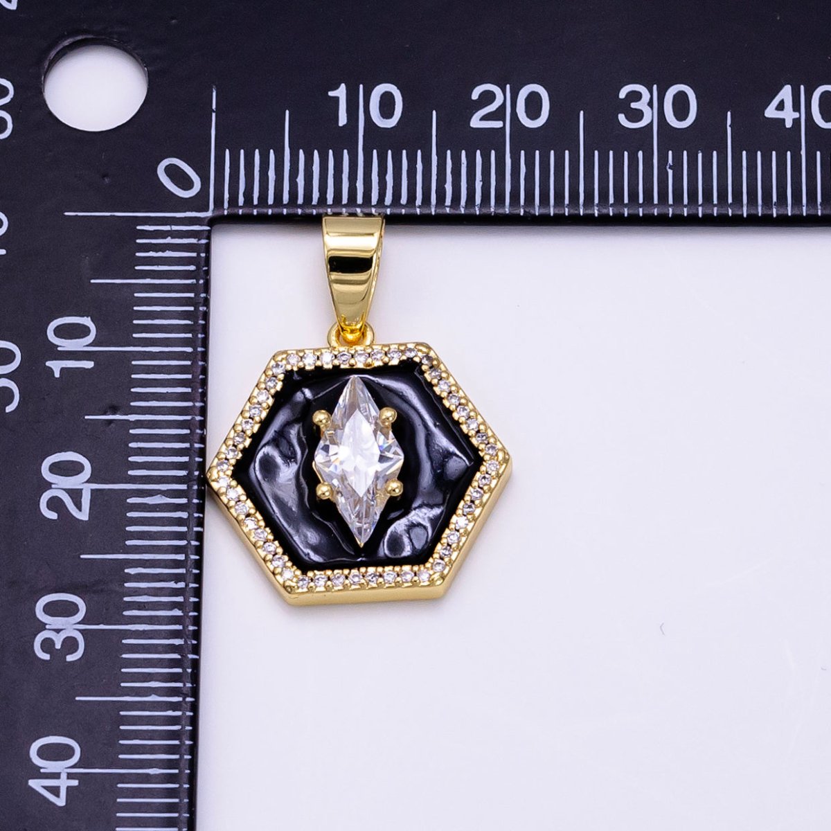 14K Gold Filled CZ Marquise Black Enamel Hexagon Pendant | AA1267