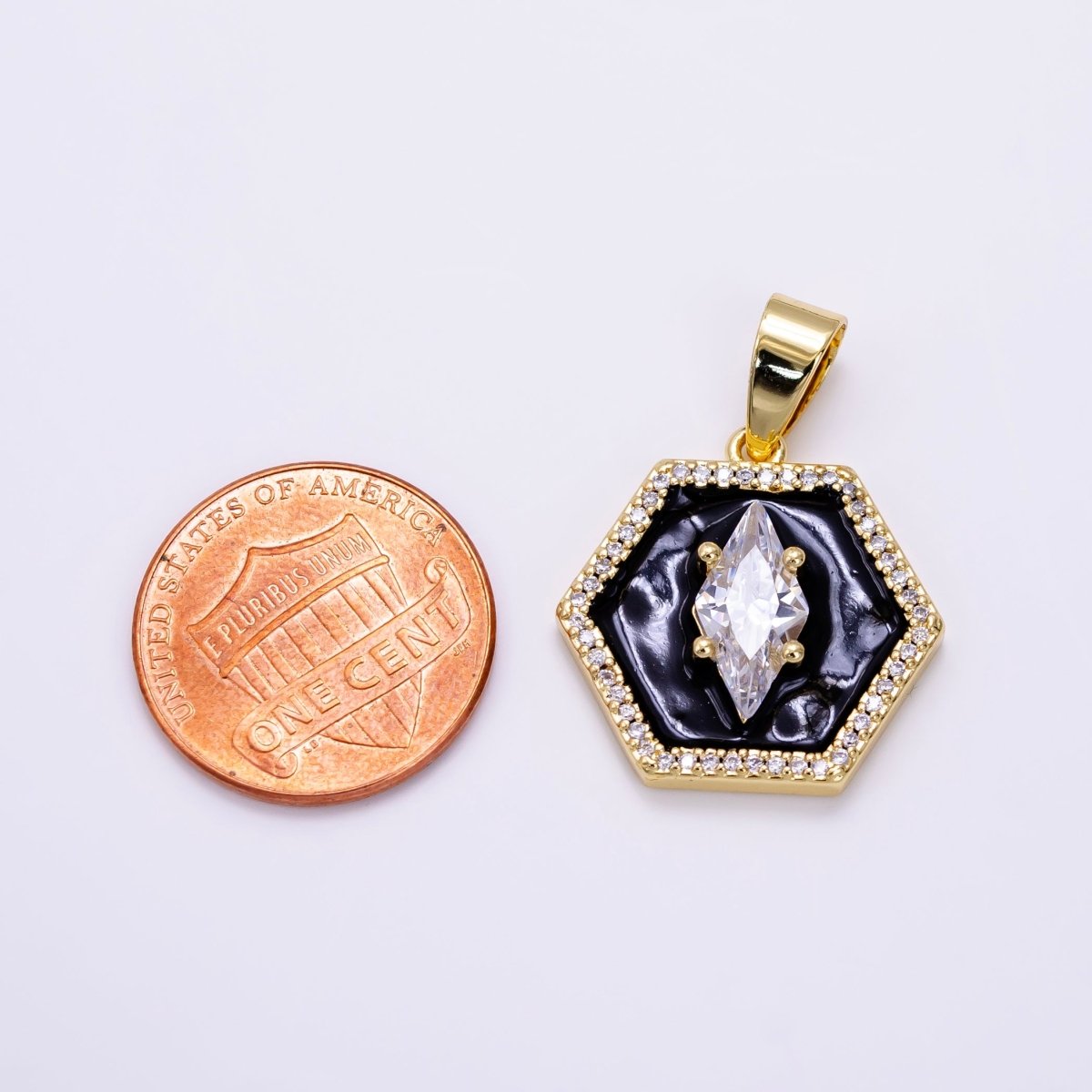14K Gold Filled CZ Marquise Black Enamel Hexagon Pendant | AA1267