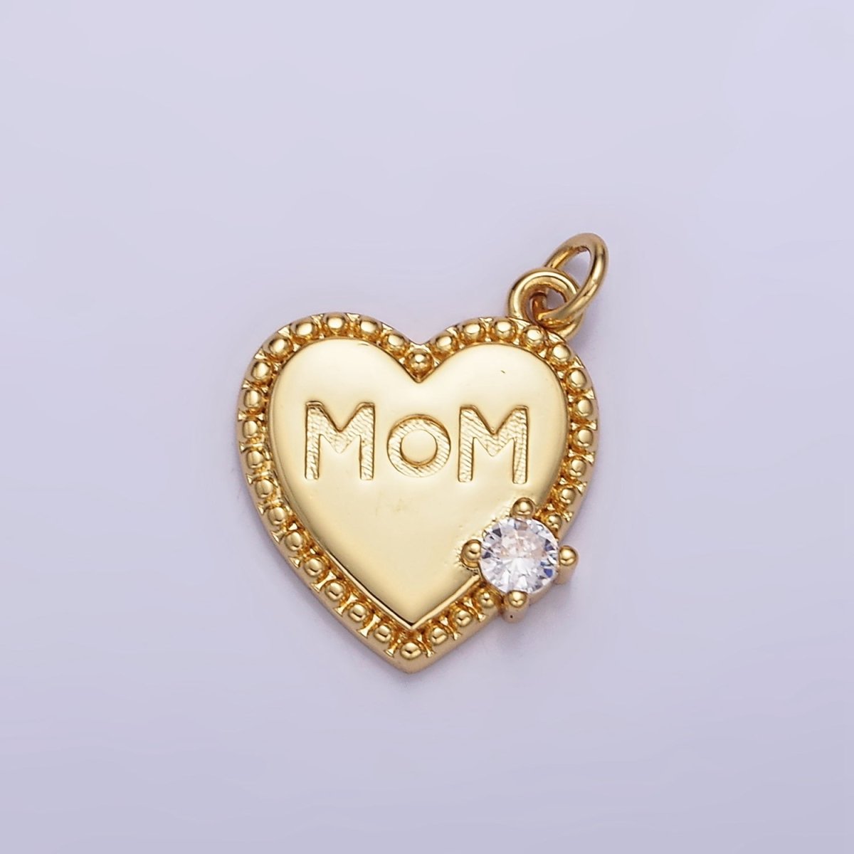 14K Gold Filled CZ "MOM" Script Beaded Bezel Charm | W525