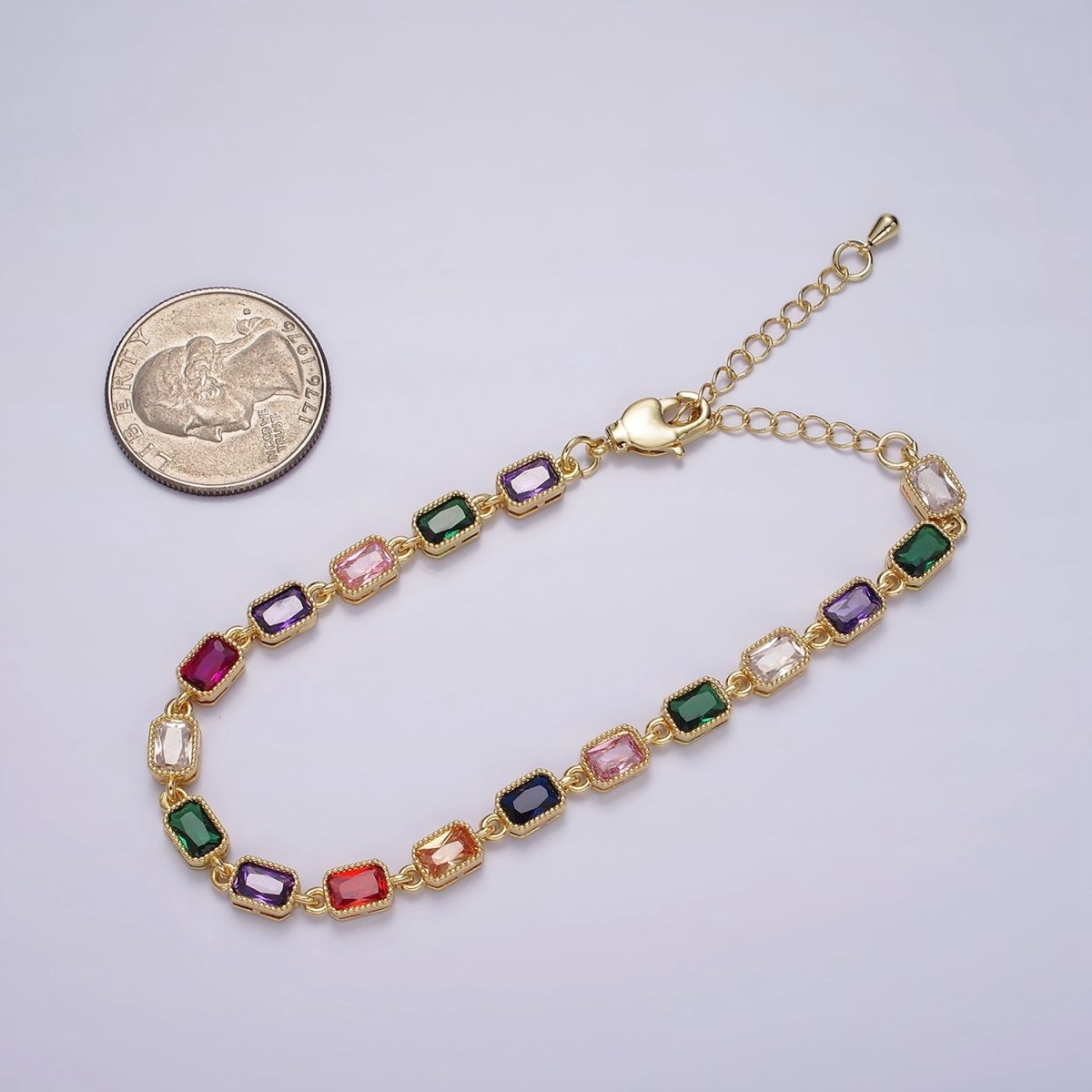14K Gold Filled CZ Multicolor Baguette Bezel 7 Inch Bracelet in Gold & Silver | WA-2238 WA-2239 Clearance Pricing