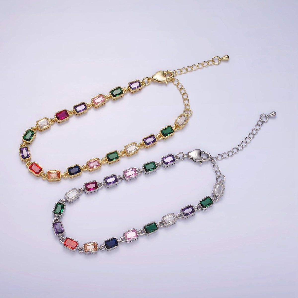 14K Gold Filled CZ Multicolor Baguette Bezel 7 Inch Bracelet in Gold & Silver | WA-2238 WA-2239 Clearance Pricing