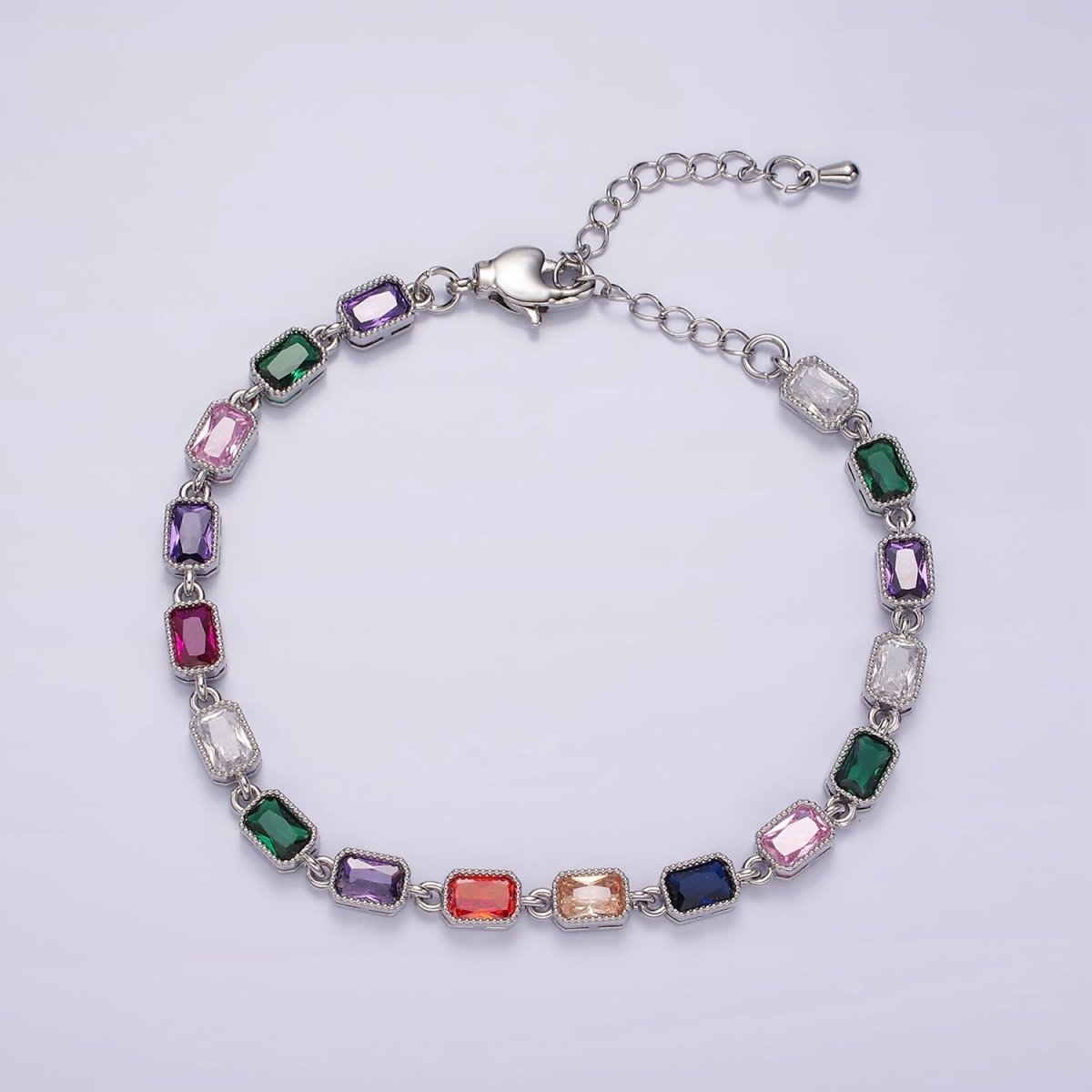 14K Gold Filled CZ Multicolor Baguette Bezel 7 Inch Bracelet in Gold & Silver | WA-2238 WA-2239 Clearance Pricing