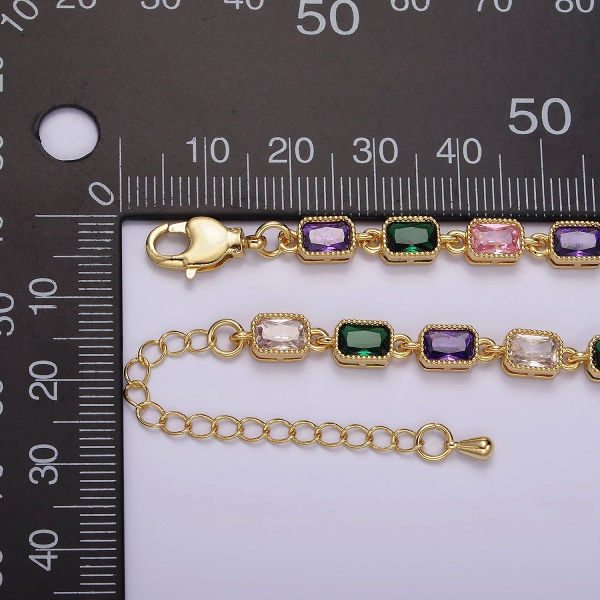 14K Gold Filled CZ Multicolor Baguette Bezel 7 Inch Bracelet in Gold & Silver | WA-2238 WA-2239 Clearance Pricing