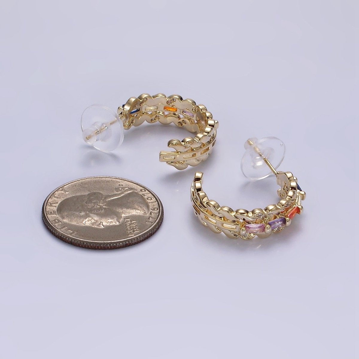 14K Gold Filled CZ Multicolor Baguette Micro Paved Triple Band C-Shaped Hoop Earrings in Gold & Silver | AE303 AE304