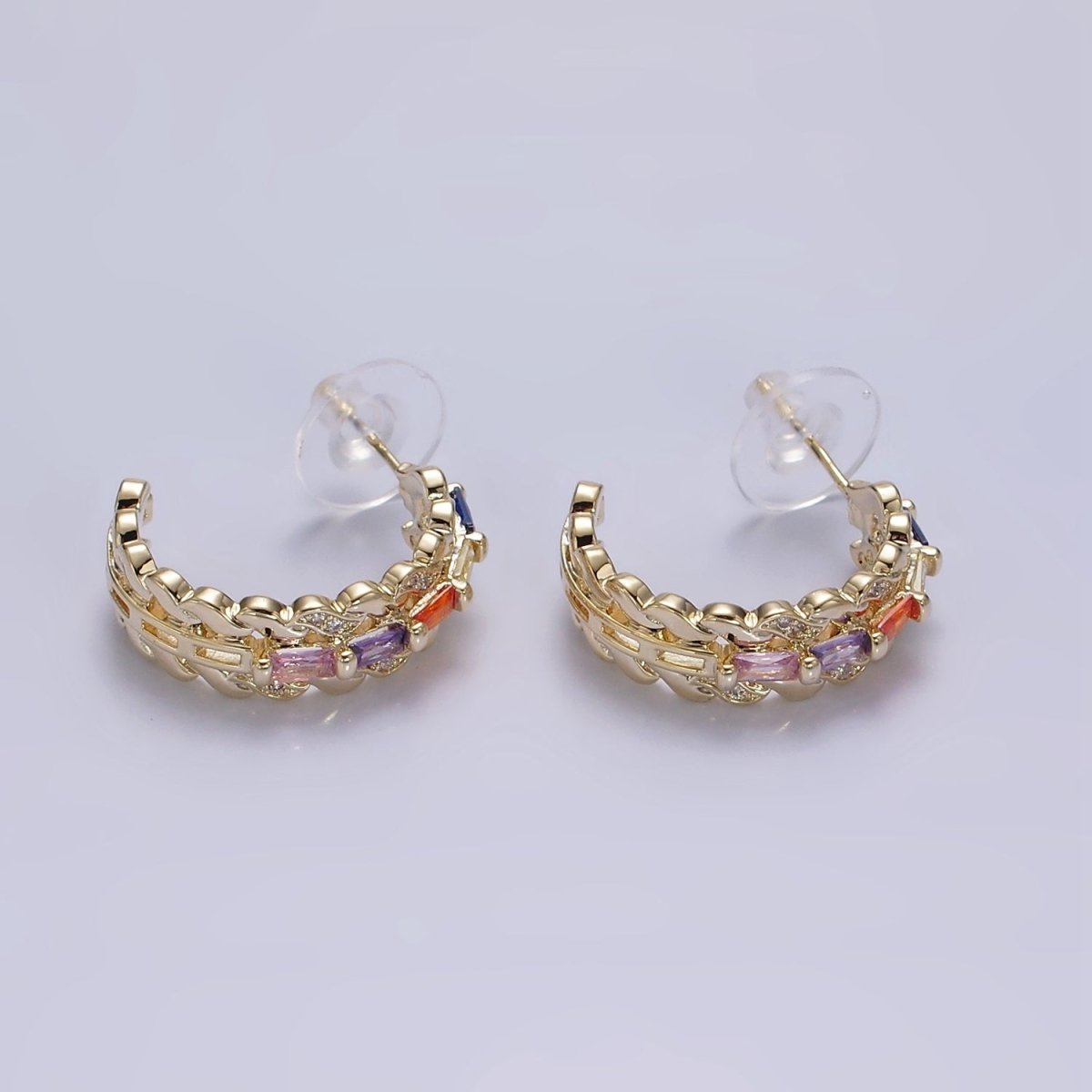 14K Gold Filled CZ Multicolor Baguette Micro Paved Triple Band C-Shaped Hoop Earrings in Gold & Silver | AE303 AE304