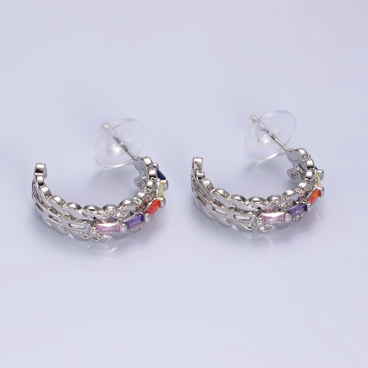14K Gold Filled CZ Multicolor Baguette Micro Paved Triple Band C-Shaped Hoop Earrings in Gold & Silver | AE303 AE304