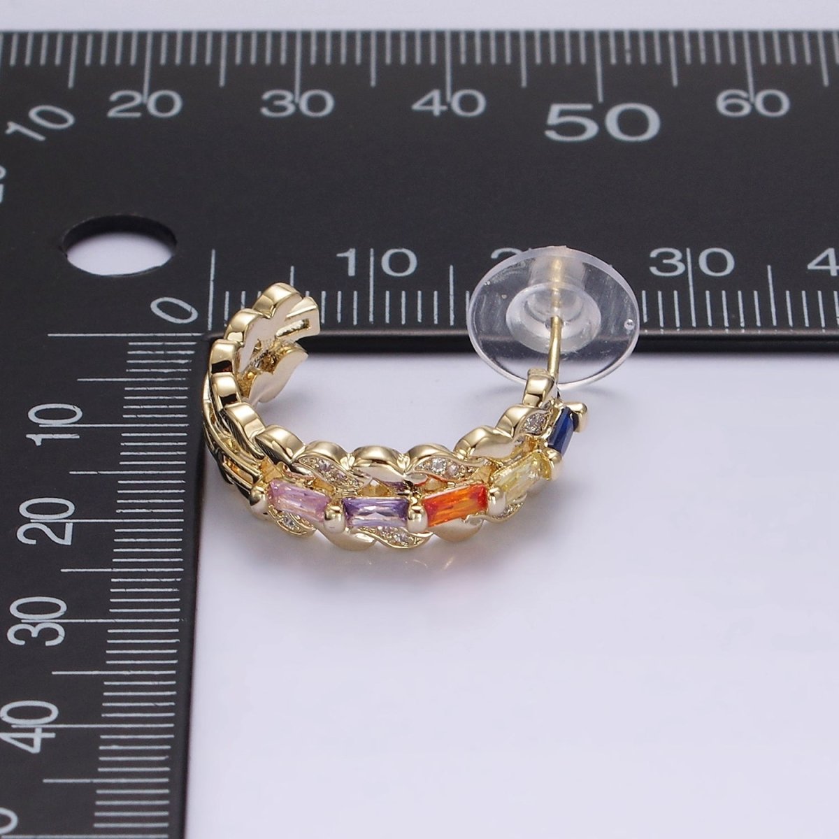 14K Gold Filled CZ Multicolor Baguette Micro Paved Triple Band C-Shaped Hoop Earrings in Gold & Silver | AE303 AE304