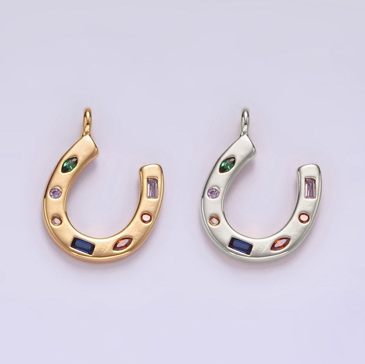 14K Gold Filled CZ Multicolor Dotted Lucky Horseshoe Charm | AC-819