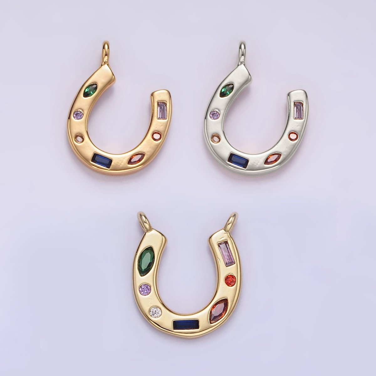 14K Gold Filled CZ Multicolor Dotted Lucky Horseshoe Charm | AC-819